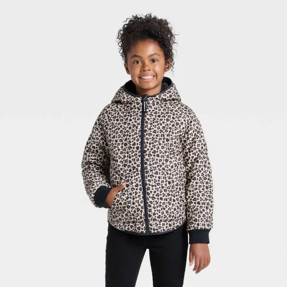 Cat & Jack - Girls' Leopard Printed Hooded Reversible Puffer -  Beige